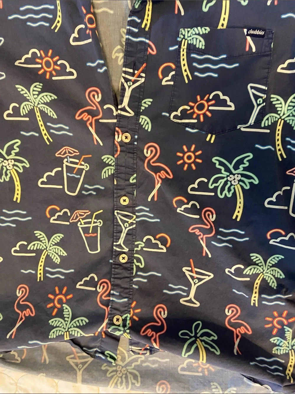 chubbies Navy Short-Sleeve Button-Down with Neon Palm & Flamingo Print